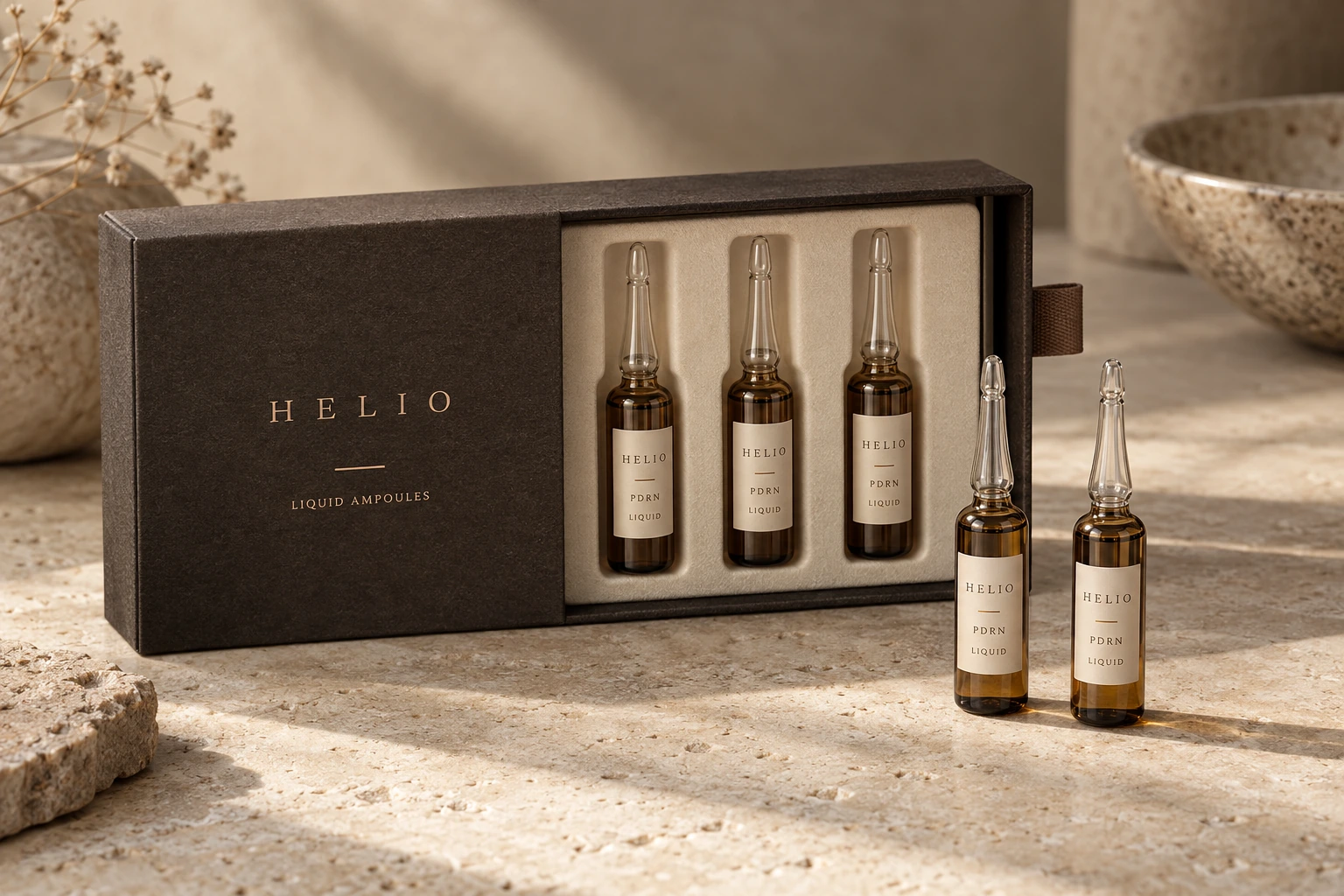Liquid ampoule set with fitted insert and outer packaging