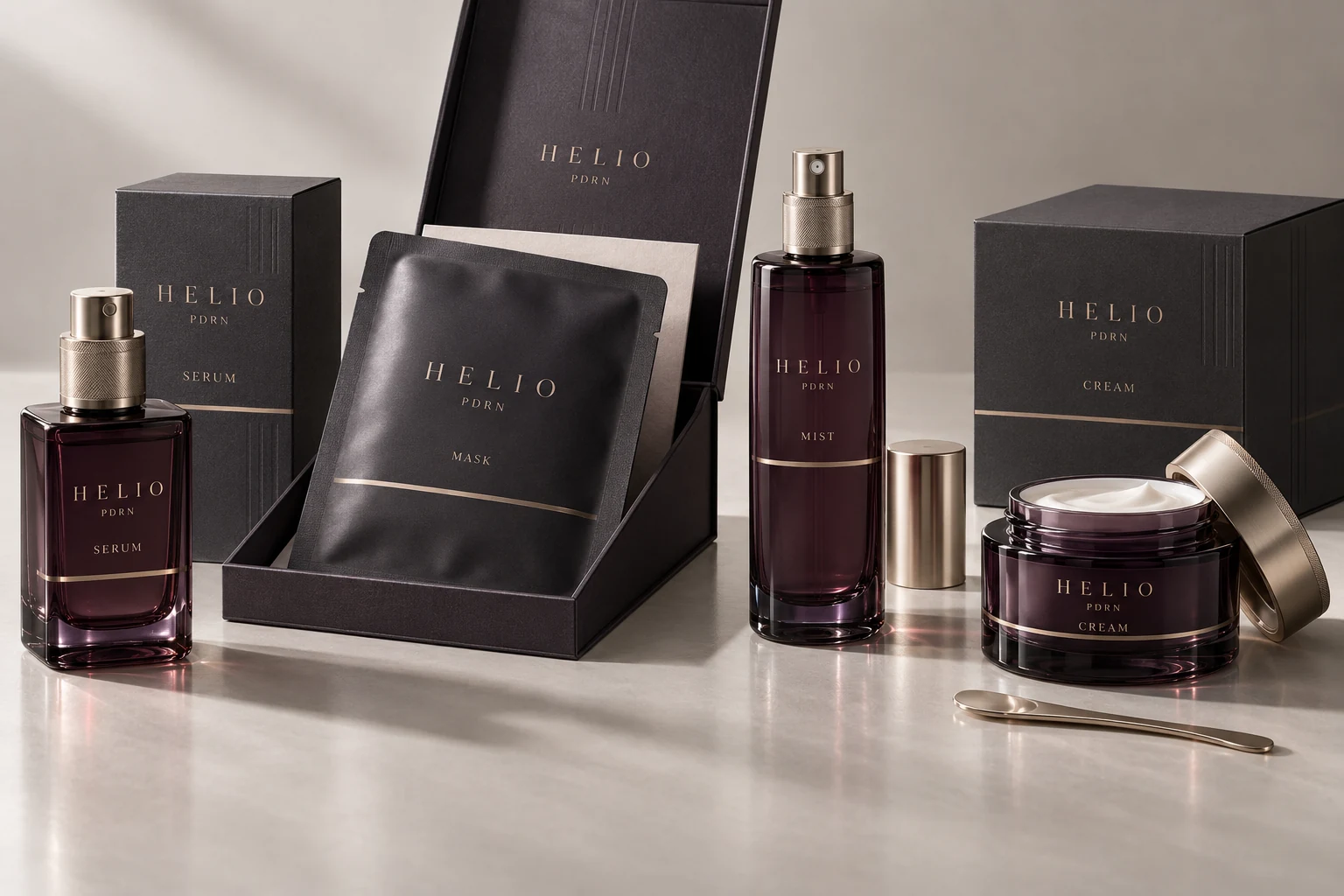 Helio serum, mask, mist and cream packaging collection